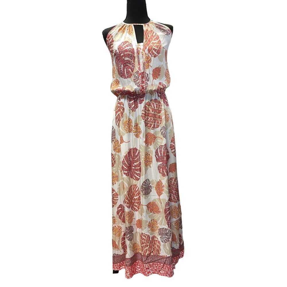 GRIFFLIN PARIS Halter Maxi Dress Leaf Print Lightweight Summer Women’s L NEW